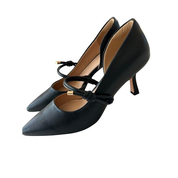 Women's Black Leather Knotted-Strap D'Orsay Kitten Heel Pumps Sz 10 - Picture 5 of 10